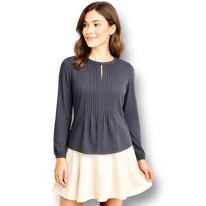 Ann Taylor M Navy Pleated Blouse Long Sleeve Keyhole Neck Career Office Work Top